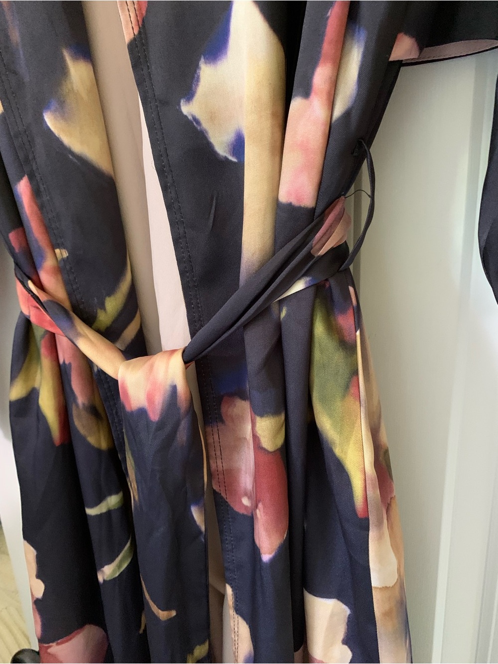 Zara Accessories WrapTrench Coat Duster Tie Sleeve Deep Blue Black AbstractPrint - Picture 16 of 16